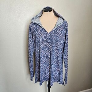 Smartwool Womens XL Blue Pink Geometric Merino Wool 150 Hooded Long Sleeve Top